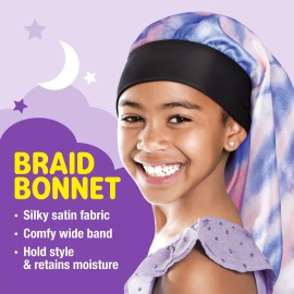 Red by Kiss Kids Satin Braid Bonnet, Comfy Wide Band for long hair, long braids (Tie Dye Pink/Purple)