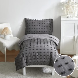 4 Pieces Tufted Dots Toddler Bedding Set Solid Grey Jacquard Pom Pom Tufts, Soft and Embroidery Shabby Chic Boho Design for Baby Boys, Includes Comforter, Flat Sheet, Fitted Sheet and Pillowcase