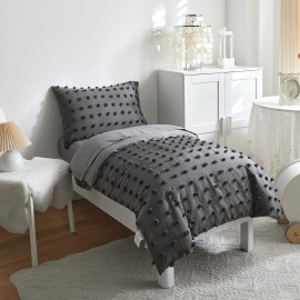 4 Pieces Tufted Dots Toddler Bedding Set Solid Grey Jacquard Pom Pom Tufts, Soft and Embroidery Shabby Chic Boho Design for Baby Boys, Includes Comforter, Flat Sheet, Fitted Sheet and Pillowcase
