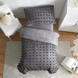 4 Pieces Tufted Dots Toddler Bedding Set Solid Grey Jacquard Pom Pom Tufts, Soft and Embroidery Shabby Chic Boho Design for Baby Boys, Includes Comforter, Flat Sheet, Fitted Sheet and Pillowcase