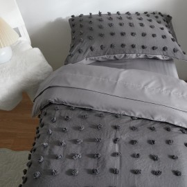 4 Pieces Tufted Dots Toddler Bedding Set Solid Grey Jacquard Pom Pom Tufts, Soft and Embroidery Shabby Chic Boho Design for Baby Boys, Includes Comforter, Flat Sheet, Fitted Sheet and Pillowcase