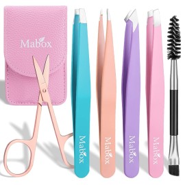 Mabox Professional Tweezer Set with Case - 6 Pieces Slanted and Pointed Stainless Steel Tweezer Set, Precision Slant Tweezers for Eyebrows, Facial Hair, Ingrown Hair, Splinter and Blackhead