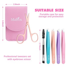 Mabox Professional Tweezer Set with Case - 6 Pieces Slanted and Pointed Stainless Steel Tweezer Set, Precision Slant Tweezers for Eyebrows, Facial Hair, Ingrown Hair, Splinter and Blackhead