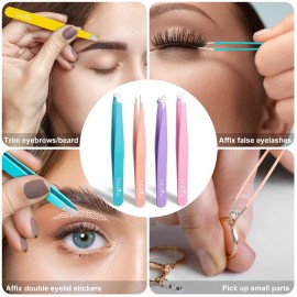 Mabox Professional Tweezer Set with Case - 6 Pieces Slanted and Pointed Stainless Steel Tweezer Set, Precision Slant Tweezers for Eyebrows, Facial Hair, Ingrown Hair, Splinter and Blackhead