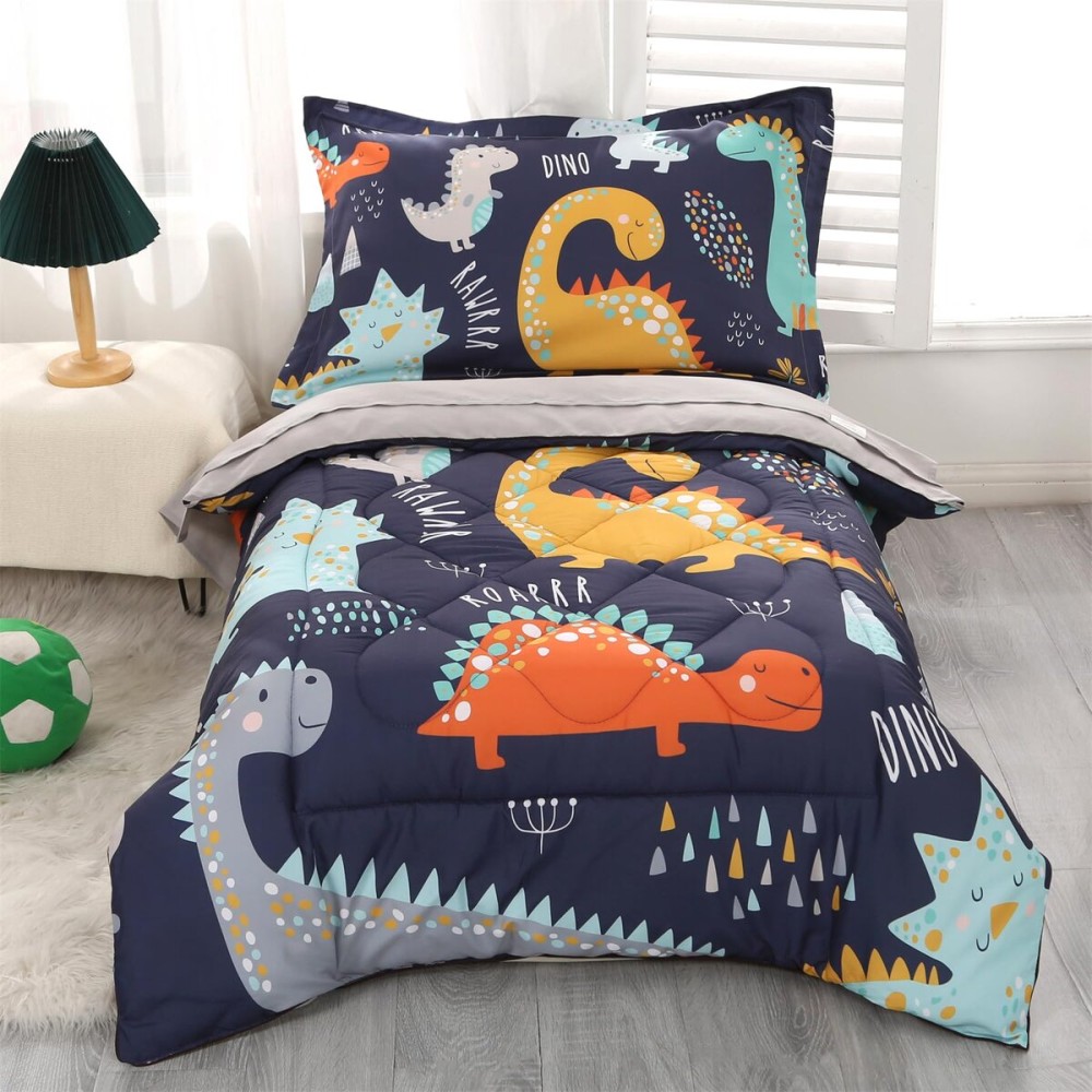 Wowelife Toddler Bedding Sets for Boys Premium 4 Piece Dinosaur Toddler Comforter Set Blue Grey Toddler Bed Set, Super Soft and Comfortable for Toddler(Dark Blue)
