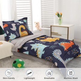 Wowelife Toddler Bedding Sets for Boys Premium 4 Piece Dinosaur Toddler Comforter Set Blue Grey Toddler Bed Set, Super Soft and Comfortable for Toddler(Dark Blue)