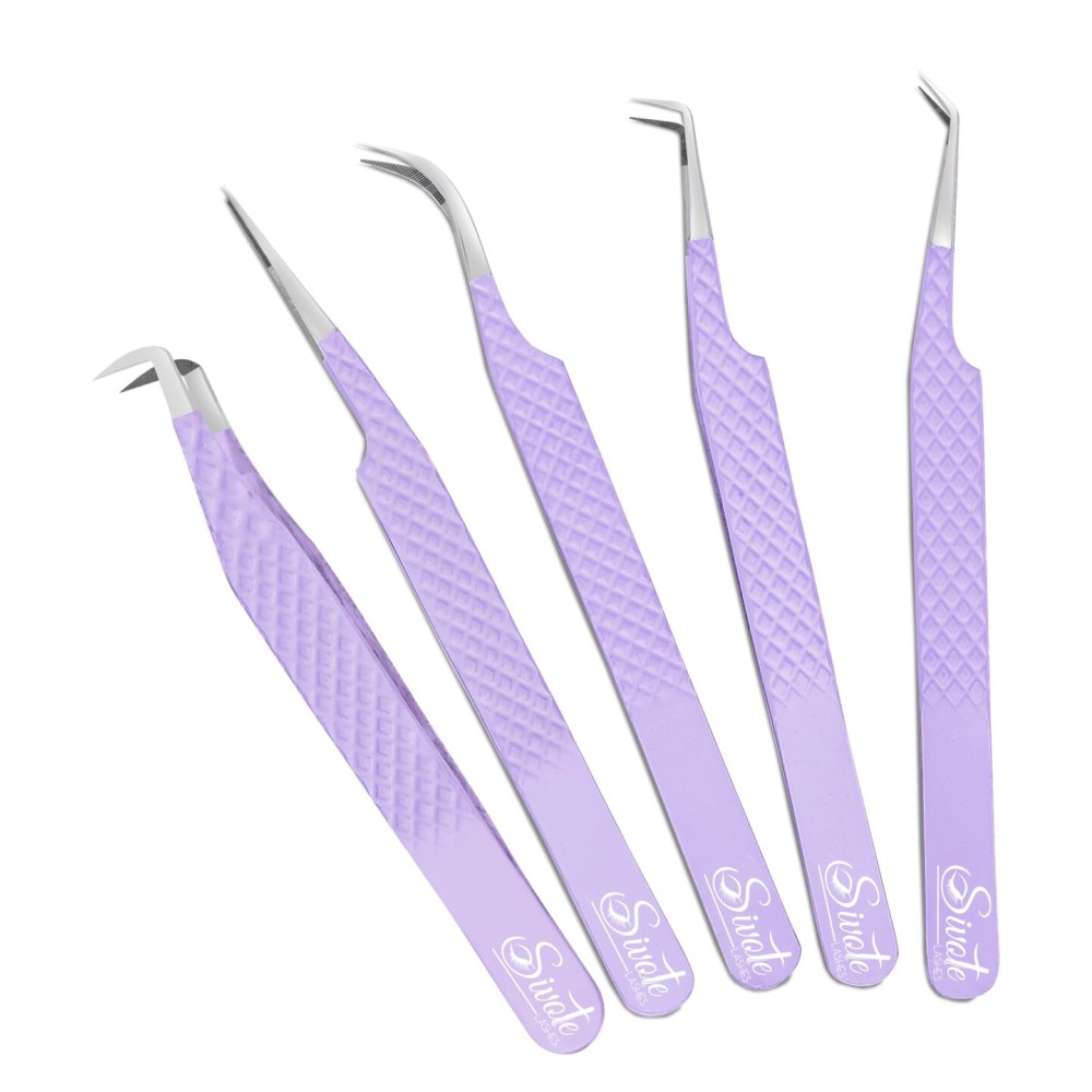 SIVOTE Lash Tweezers for Eyelash Extensions, Pack of 5 Purple - Lash Extension Tweezers Set with Diamond Grip, Precision Fiber Tip for Volume Eyelash Extensions SIVOTE Lash Tweezers for Eyelash Extensions, Pack of 5 Purple - Lash Extension Tweezers Set with Diamond Grip, Precision Fiber Tip for Volume Eyelash Extensions