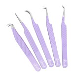 SIVOTE Lash Tweezers for Eyelash Extensions, Pack of 5 Purple - Lash Extension Tweezers Set with Diamond Grip, Precision Fiber Tip for Volume Eyelash Extensions