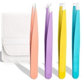 Tweezers Set 4Pcs Eyebrow Tweezer Kit Slanted & Pointed Stainless Steel Tweezers,Tweezer Kit for Shaping Eyebrows Eyelash,Great Beauty Tool for Facial Hair,Splinter and Ingrown Hair,Blackhead Removal