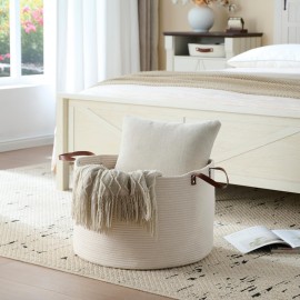 Luxury Little Extra Large Nursery Storage Basket, 22 x 22 x 14 inches - 100% Cotton Rope Baskets with Handles, Laundry Basket for Toys, Blankets & Pillows - Off White with Leather Handles