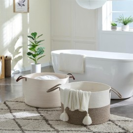 Luxury Little Extra Large Nursery Storage Basket, 22 x 22 x 14 inches - 100% Cotton Rope Baskets with Handles, Laundry Basket for Toys, Blankets & Pillows - Off White with Leather Handles