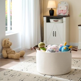 Luxury Little Extra Large Nursery Storage Basket, 22 x 22 x 14 inches - 100% Cotton Rope Baskets with Handles, Laundry Basket for Toys, Blankets & Pillows - Off White with Leather Handles