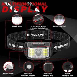 Headlamp Rechargeable,2 Pack 2000 Lumen Ultra Bright Led Headlamp,16 Modes Motion Sensor Head Lamp,Waterproof Lightweight White Red LED Flashlight for Camping,Cycling,Running,Headlamps for Adults 1