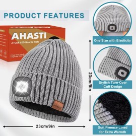 Beanie with Light for Men 2 Pack, Hat with Light Built in Rechargeable Winter Warm Knitted Headlamp Caps, Gift for Men Dads Husband Led Beanie Hats with Light(Black&Light Gray)