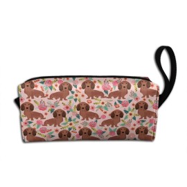 Dachshunds Floral Dogs Makeup Bag For Women, Portable Cosmetic Bag Zipper Pouch Travel Toiletry Organizer Bag