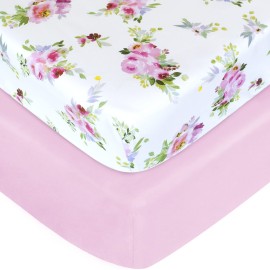 Crib Sheets Girls 2 Pack Floral, Fitted Crib Sheet for Standard Size Crib and Toddler Mattresses, Soft and Breathable Material, Floral