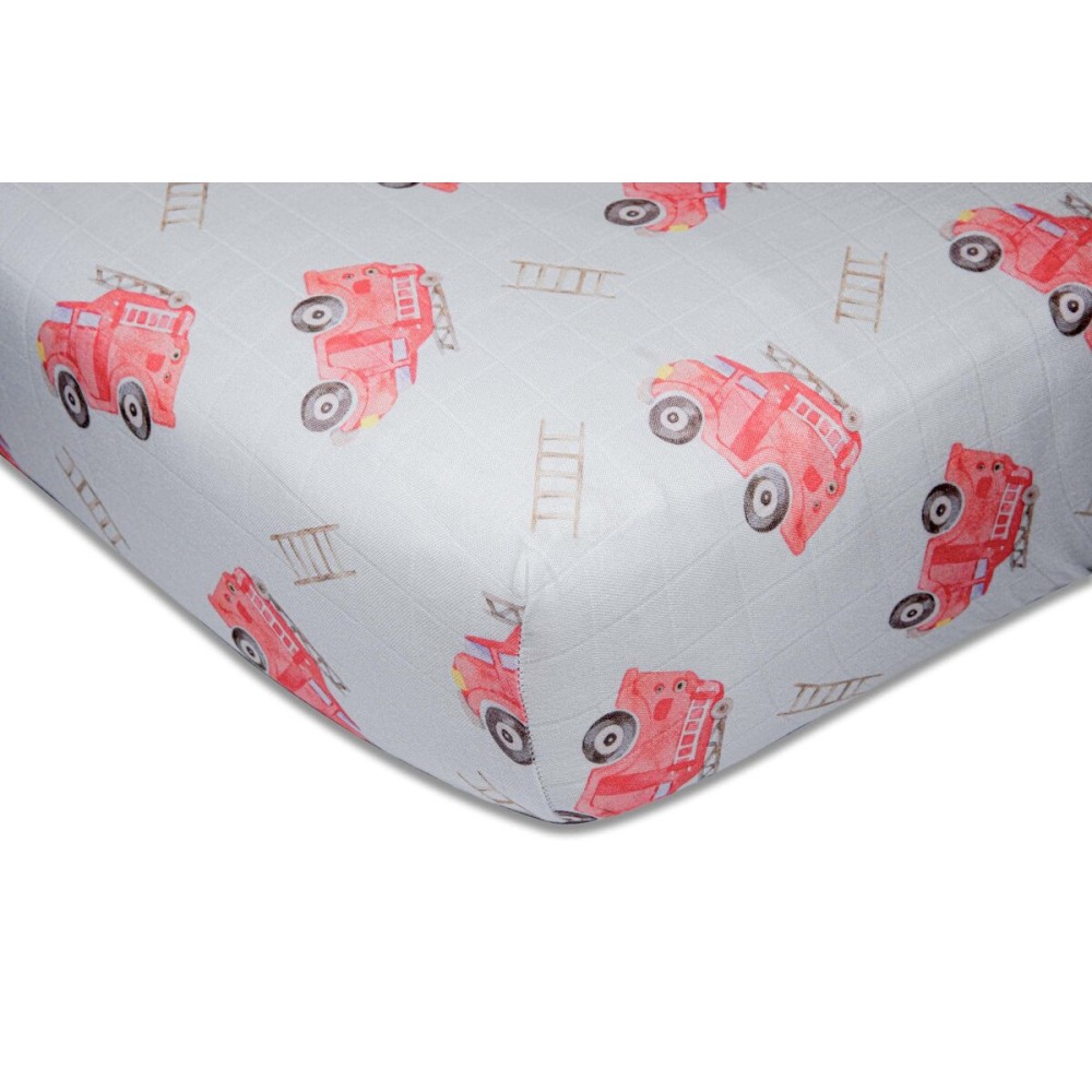immispace - Ultra Soft Muslin Crib Sheet | 30% Organic Cotton + 70% Rayon | Fit Standard Crib Mattress 52 x 28 | Machine Washable Girls & Boys | Newborns & Infants Gifts (Fire Truck)
