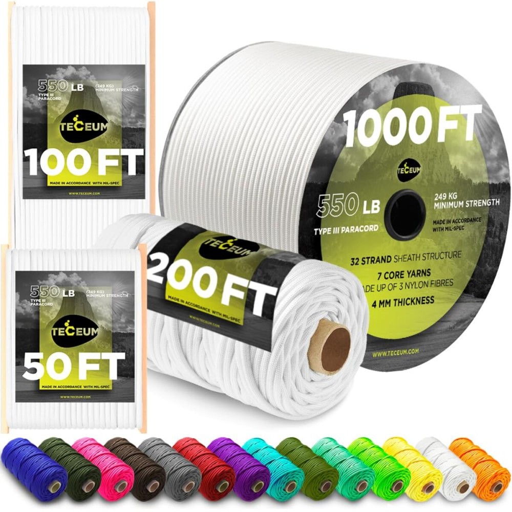 TECEUM Paracord Type III 550 White - 100 ft - 4mm - Tactical Rope MIL-SPEC - Outdoor para Cord -Camping Hiking Fishing Gear and Equipment - EDC Parachute Cord - Strong Survival Rope 007 n1