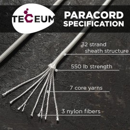 TECEUM Paracord Type III 550 White - 100 ft - 4mm - Tactical Rope MIL-SPEC - Outdoor para Cord -Camping Hiking Fishing Gear and Equipment - EDC Parachute Cord - Strong Survival Rope 007 n1
