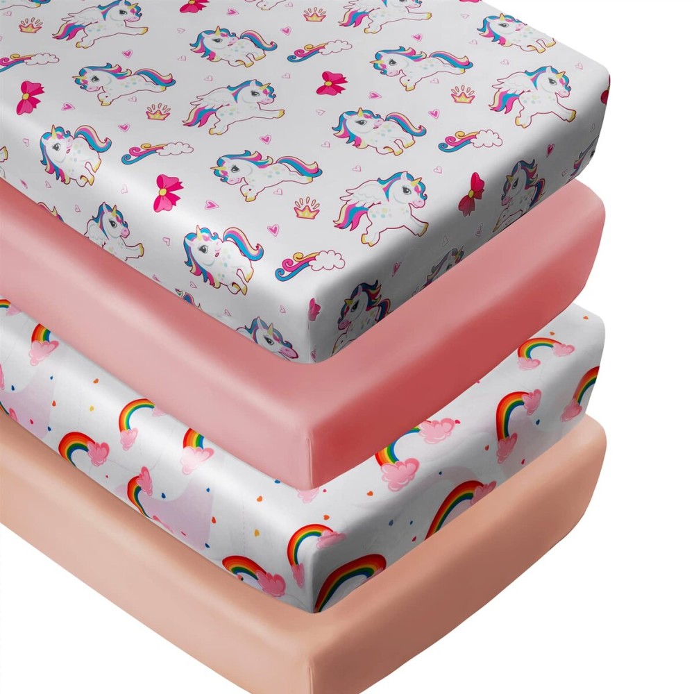 4 Pack Baby Girl Crib Sheets Fitted Pink Crib Sheet Portable Mattress Cover or Toddler Bed Sheets for Girls (Unicorn)