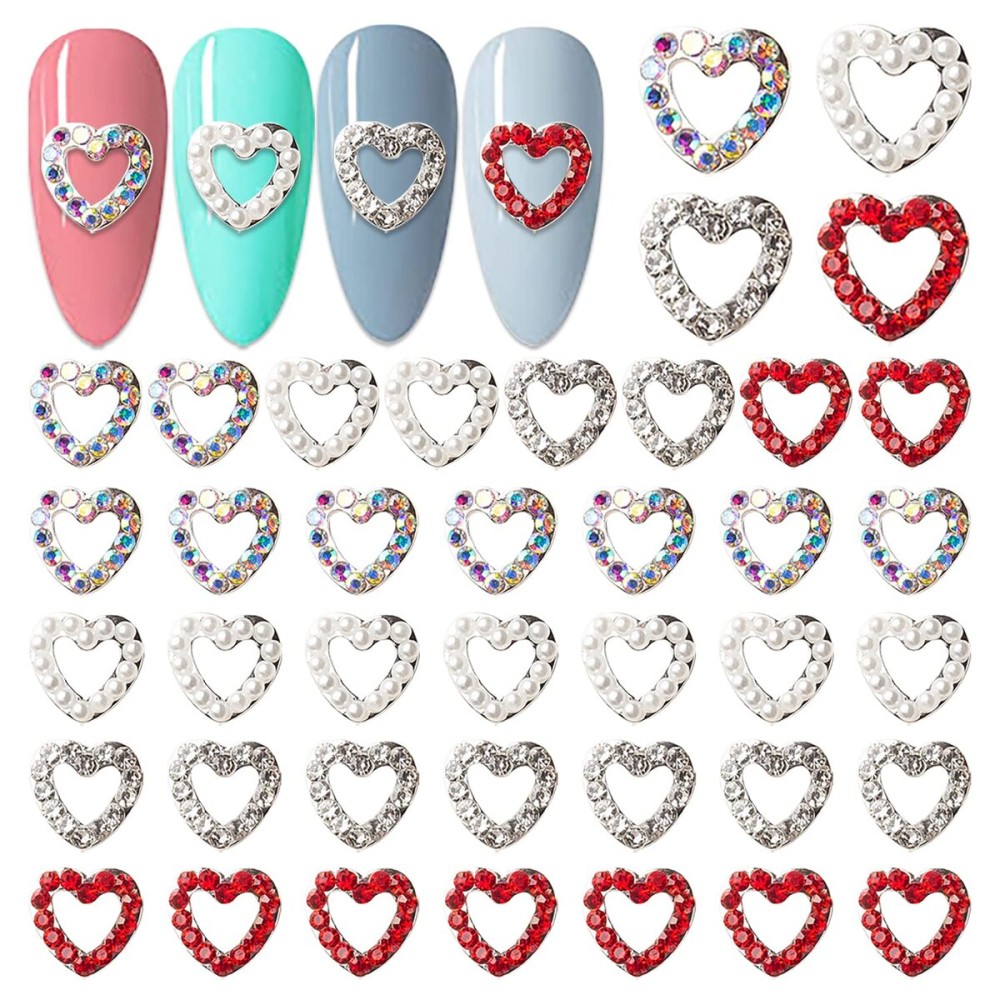 WOKOTO 40Pcs 3D Heart Nail Charms Silver Hearts Nail Jewelrys for Nails 3D Hearts with Rhinestones Pearls for Nails Art Accessory Luxury Nail Gems and Charms for Acrylic Nails Heart Charms for Nails