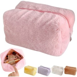 AKOAK 1 Pack Plush Makeup Bag Women\'s Soft Plush Cosmetics Zipper Bag Large Capacity Travel Makeup Bag Makeup Brush Toiletries Organizer for Women, Girls - Pink