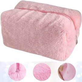 AKOAK 1 Pack Plush Makeup Bag Women\'s Soft Plush Cosmetics Zipper Bag Large Capacity Travel Makeup Bag Makeup Brush Toiletries Organizer for Women, Girls - Pink