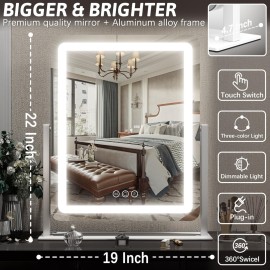 FENNIO Vanity Mirror with Lights 22 Inch- LED Lighted Makeup Mirror,Large Makeup Mirror with Lights,Touch Screen with 3-Color Lighting,Led Mirror Makeup,Dimmable(White)