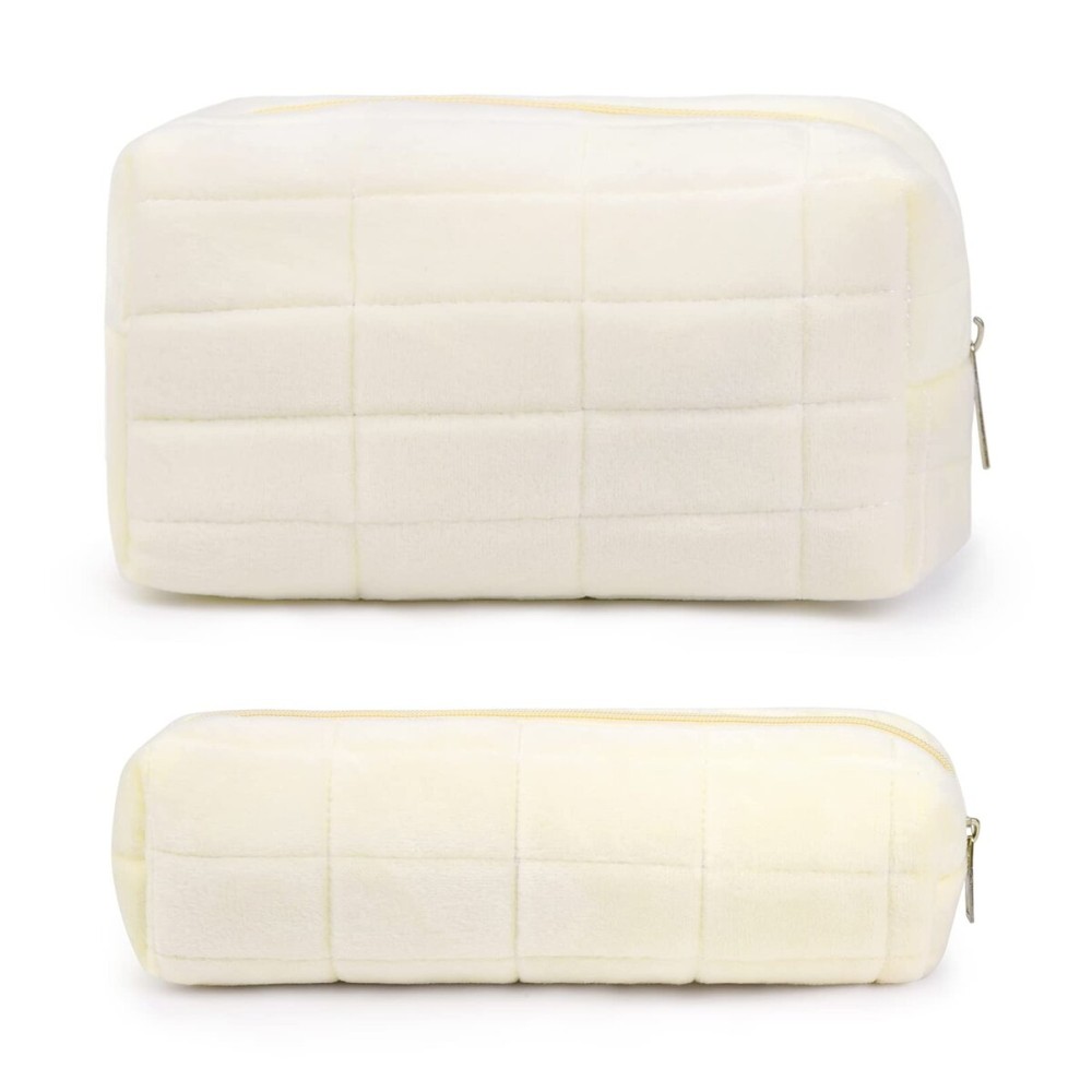 Makeup Bag Checkered Cosmetic Bag Plush White Makeup Pouch 1Pcs Large Capacity Makeup Bags and 1Pcs Makeup Brushes Storage Bag Travel Toiletry Bag Organizer