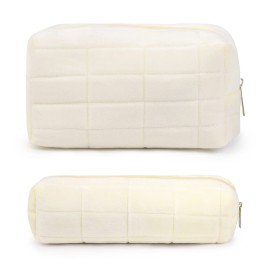 Makeup Bag Checkered Cosmetic Bag Plush White Makeup Pouch 1Pcs Large Capacity Makeup Bags and 1Pcs Makeup Brushes Storage Bag Travel Toiletry Bag Organizer