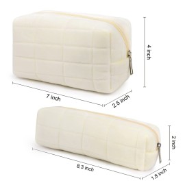 Makeup Bag Checkered Cosmetic Bag Plush White Makeup Pouch 1Pcs Large Capacity Makeup Bags and 1Pcs Makeup Brushes Storage Bag Travel Toiletry Bag Organizer