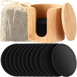 Foaincore 40 Pcs Reusable Makeup Remover Pads with Mesh Laundry Bag Washable Bamboo Cotton Rounds Soft Reusable Face Pad for Toner Skin Types with Bamboo Holder(Black)