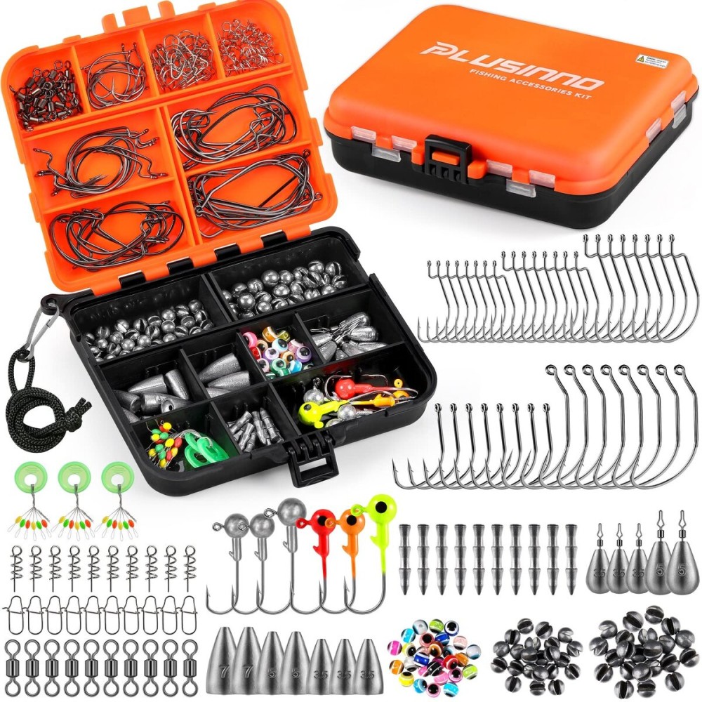 PLUSINNO 201pcs Fishing Accessories Kit,Tackle Box with Tackle Included, Fishing Hooks, Weights, Round Split ShotFishing Gear for Bass, Trout, Catfish