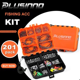 PLUSINNO 201pcs Fishing Accessories Kit,Tackle Box with Tackle Included, Fishing Hooks, Weights, Round Split ShotFishing Gear for Bass, Trout, Catfish