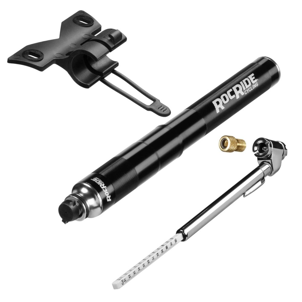 RocRide Mini Bike Tire Pump with Pencil Tire Pressure Gauge Inflates to 120 PSI and Works with Schrader and Presta Valves. Portable Hand Air Pump Includes Bicycle Frame Mount.