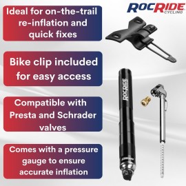 RocRide Mini Bike Tire Pump with Pencil Tire Pressure Gauge Inflates to 120 PSI and Works with Schrader and Presta Valves. Portable Hand Air Pump Includes Bicycle Frame Mount.