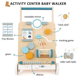 PairPear Wooden Baby Walker, Baby Push Walker, Montessori Walker Toy with Activity Center for Girls Boys, Adjustable Speed Baby Walker for Kids Development