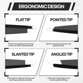 Tweezers Set, Professional Stainless Steel Tweezers, Better Precision Eyebrow Tweezers, Great Precision for Facial Hair, Ingrown Hair, Splinters and Blackheads. Black Color