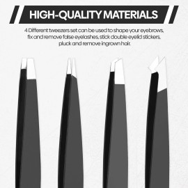Tweezers Set, Professional Stainless Steel Tweezers, Better Precision Eyebrow Tweezers, Great Precision for Facial Hair, Ingrown Hair, Splinters and Blackheads. Black Color