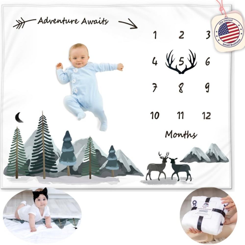 KEMINA BLANKETS Milestone Blanket for Baby Boy - Monthly Baby Blanket, Growth Tracker for Newborn, Woodland Nursery Decor, Mountain Adventure Theme, Includes Felt Frame, 50x40 Inches