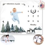 KEMINA BLANKETS Milestone Blanket for Baby Boy - Monthly Baby Blanket, Growth Tracker for Newborn, Woodland Nursery Decor, Mountain Adventure Theme, Includes Felt Frame, 50x40 Inches