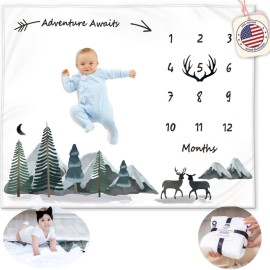 KEMINA BLANKETS Milestone Blanket for Baby Boy - Monthly Baby Blanket, Growth Tracker for Newborn, Woodland Nursery Decor, Mountain Adventure Theme, Includes Felt Frame, 50x40 Inches
