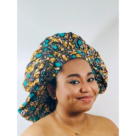 TREJAZ Satin Bonnet Silk Ankara Bonnet - Satin Bonnet for Women - Perfect for Curly Hair - Hair Bonnet for Black Women - Luxurious Sleeping Bonnet - Ideal for Braids and Natural Styles XL, Teal