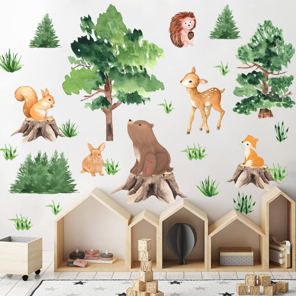 KOKOLAP Watercolor Tree Animal Wall Stickers,Forest Animal Wall Decal Baby Room Decor,Nursery Wall Decor Woodland Animal Wall Sticker,Fox Jungle Animals Wall Decal for Kids Room Bedroom Playroom Decor