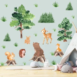 KOKOLAP Watercolor Tree Animal Wall Stickers,Forest Animal Wall Decal Baby Room Decor,Nursery Wall Decor Woodland Animal Wall Sticker,Fox Jungle Animals Wall Decal for Kids Room Bedroom Playroom Decor