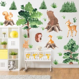 KOKOLAP Watercolor Tree Animal Wall Stickers,Forest Animal Wall Decal Baby Room Decor,Nursery Wall Decor Woodland Animal Wall Sticker,Fox Jungle Animals Wall Decal for Kids Room Bedroom Playroom Decor