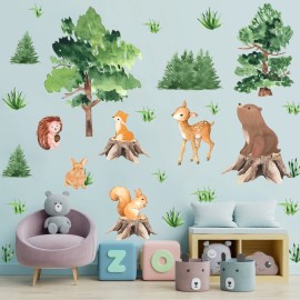 KOKOLAP Watercolor Tree Animal Wall Stickers,Forest Animal Wall Decal Baby Room Decor,Nursery Wall Decor Woodland Animal Wall Sticker,Fox Jungle Animals Wall Decal for Kids Room Bedroom Playroom Decor