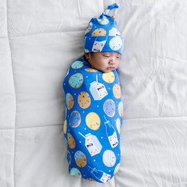 Little Sleepies Swaddle & Hat Set, Baby Swaddles Newborns, Soft Viscose from Bamboo Swaddle Blanket Wrap (Blue Cookies & Milk)