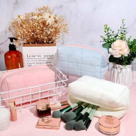 3 Pcs Plush Makeup Bag Checkered Cosmetic Bag Cosmetic Travel Bag Large Zipper Travel Toiletry Bag Portable Multi Functional Capacity Bag Cute Makeup Brushes Storage Bag for Women, Pink, Blue, White