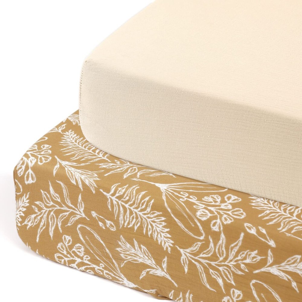 GRSSDER Soft Muslin Crib Sheet 2 Pack, 100% Cotton Crib Sheets for Boys and Girls, Fit Standard Crib Mattresses 52 x 28 Safe and Snug, Beige/Golden Autumn